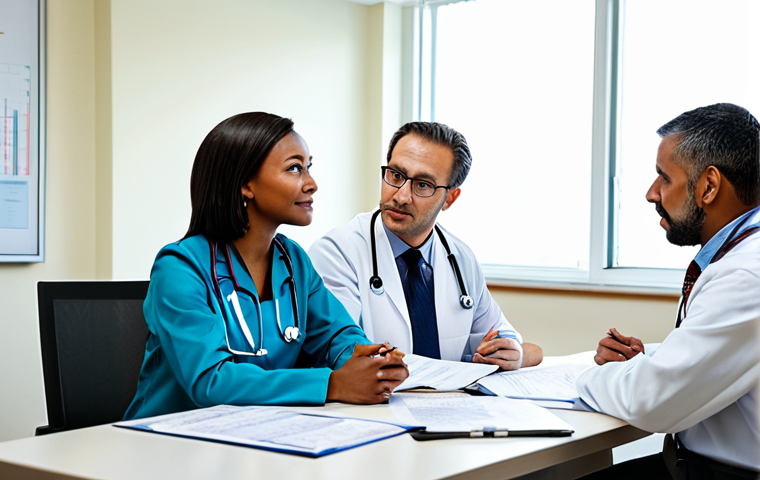 Risk Management in a Healthcare Setting**
"A diverse team of fully clothed healthcare professionals (doctor, nurse, administrator) in appropriate attire, gathered around a table in a brightly lit meeting room discussing risk assessment charts and protocols. Focus on collaboration and preventative measures. Safe for work, professional environment, modest clothing, perfect anatomy, natural proportions, family-friendly, high quality image."
**