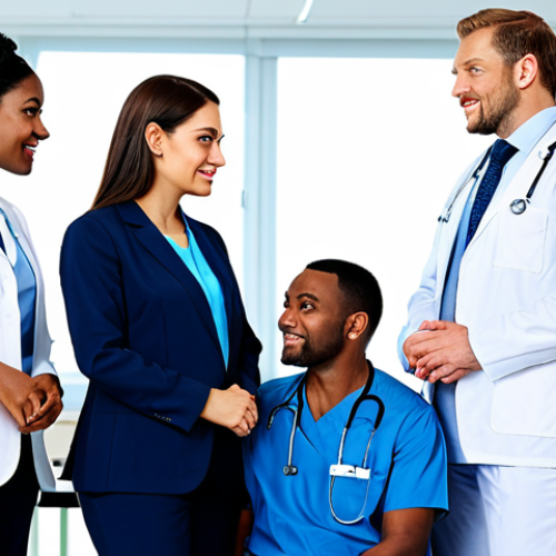 Home 19 Hospital HR Team**
"A diverse team of HR professionals in a modern hospital office, fully clothed in business casual attire, discussing employee well-being initiatives, appropriate content, safe for work, perfect anatomy, natural proportions, professional workplace photography, bright and clean."
**