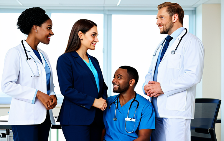 Hospital HR Team**
"A diverse team of HR professionals in a modern hospital office, fully clothed in business casual attire, discussing employee well-being initiatives, appropriate content, safe for work, perfect anatomy, natural proportions, professional workplace photography, bright and clean."
**