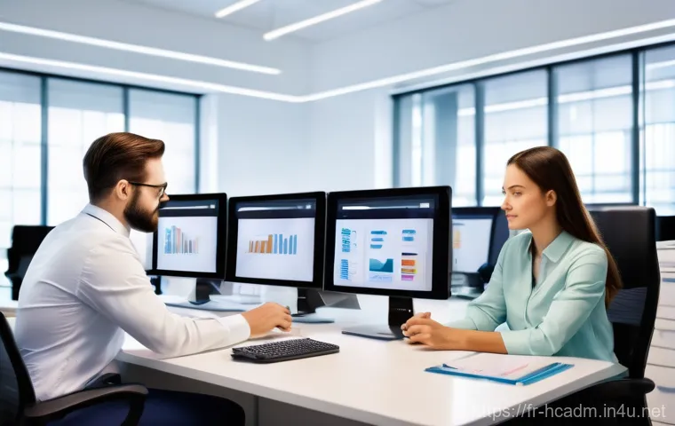 보건의료행정사와 데이터 관리 스킬 - **Prompt:** "A brightly lit, modern healthcare administrative office bustling with activity. Several...