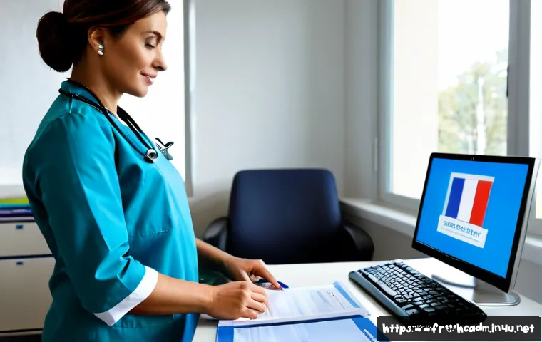 보건의료행정사 업무 사례 모음 - Photorealistic French hospital administrative office, a healthcare administrator in professional att...