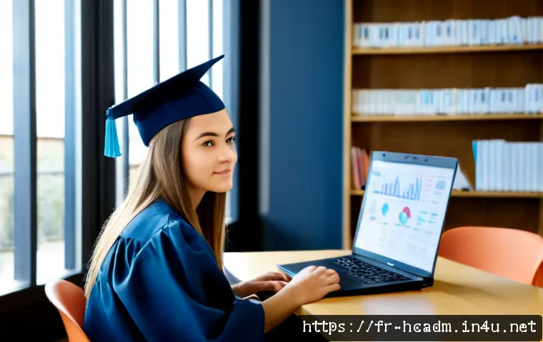 보건의료행정사와 학위와의 연계성 - Photorealistic French healthcare administration student in a bright modern university library, seate...